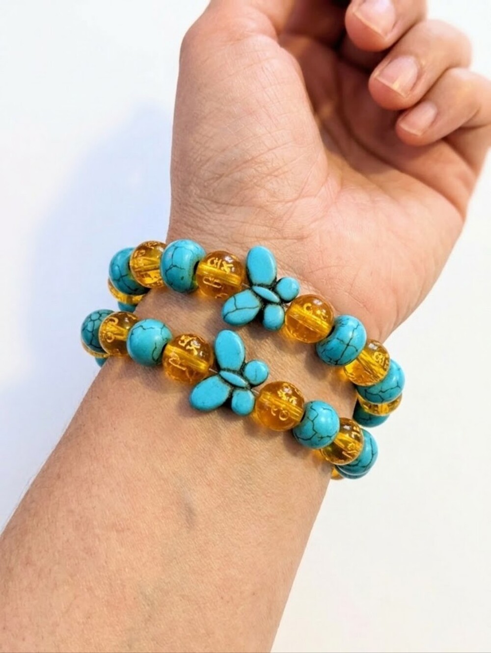 Turquoise & Amber Beaded Stretch Bracelet Set